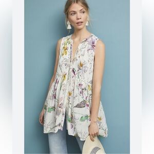Anthropologie Nia Floral Tunic Top women's size Large white flowy tank buttons